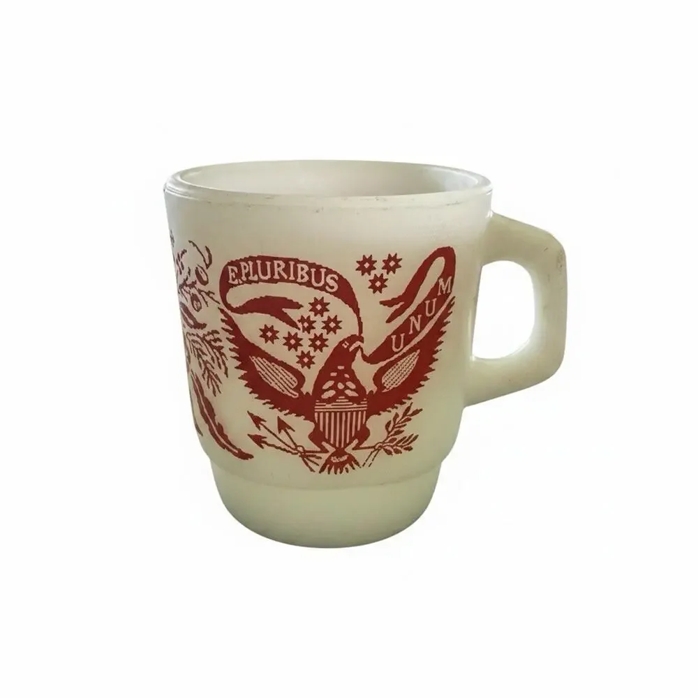 Vintage Fire-King Anchor Hocking Milk Glass American Eagle Mug Red White USA
